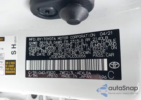 2021 Toyota Corolla Hybrid Le из США, поврежденный, VIN JTDEAMDE1MJ030656